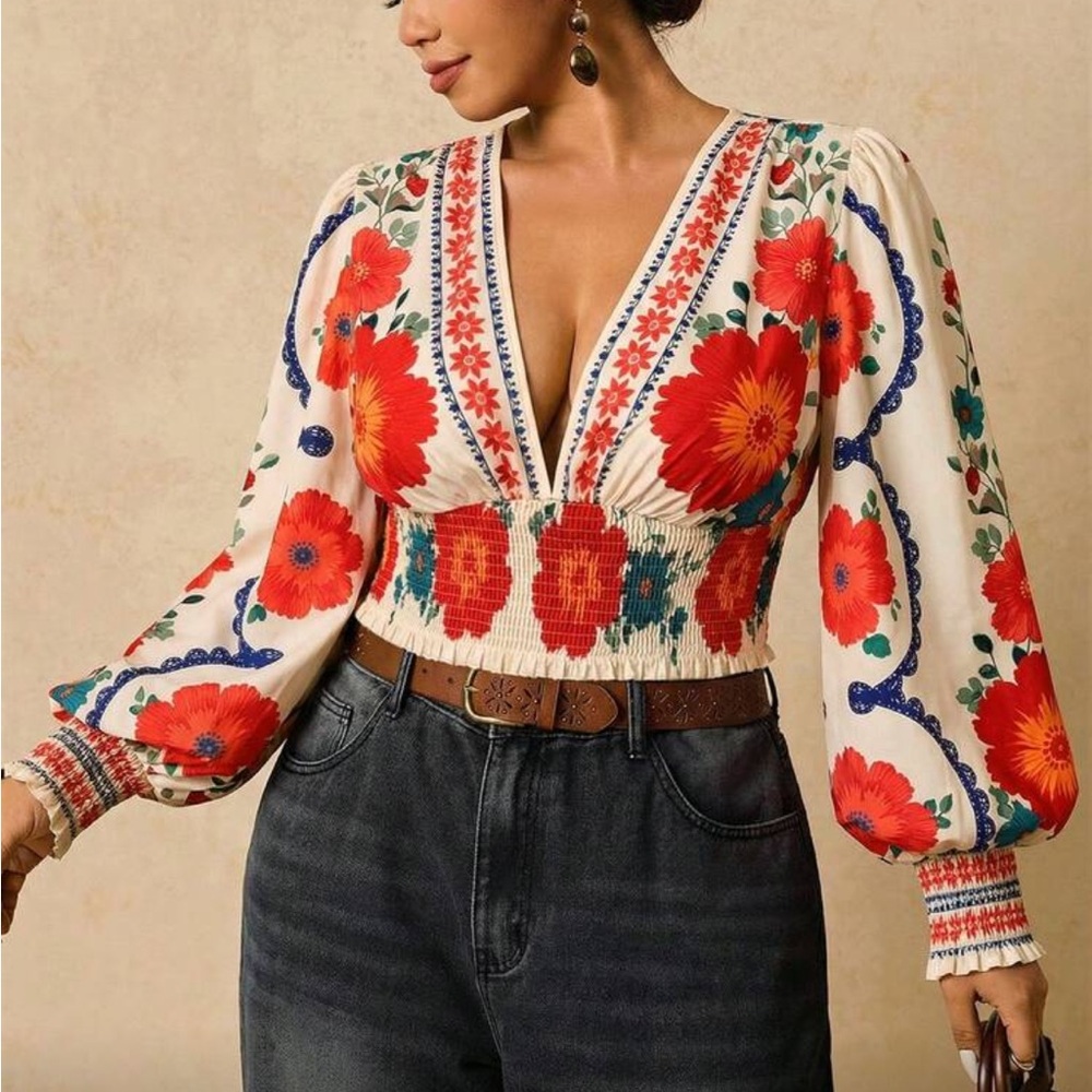 Plus Size Romantic Bohemian Floral Print Long Sleeve Tie Front Blouse Shirt - Picture 8 of 14